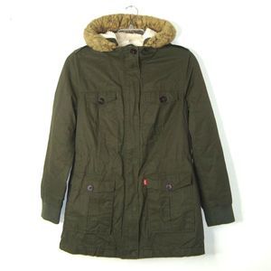 Levi’s Sherpa Quilt Lined Faux Fur Trim Hooded Green Canvas Jacket Women's Med
